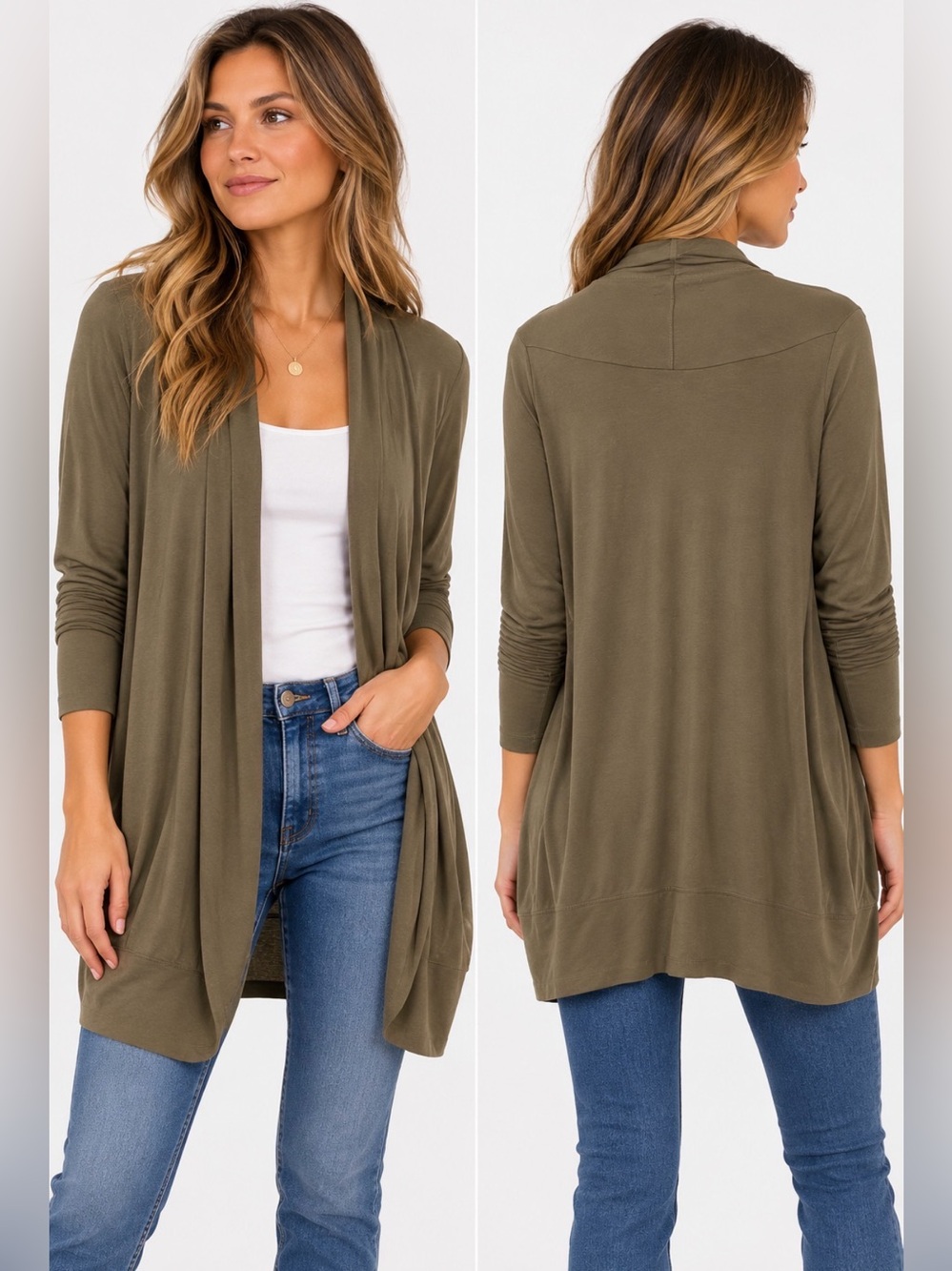 Tommy Bahama Olive Brown Open Front Waterfall Cardigan Sweater Medium